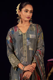 Classic Grey Color Digital Printed Muslin Jacquard silk Salwar Suit